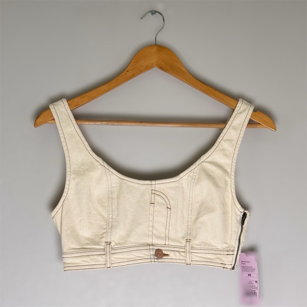 New Women's Scoop Neck Reworked Denim Tiny Vest, Wild Fable, XS, Cream Cream